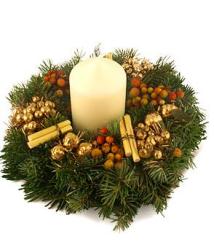 Festive Gold Wreath with big fat white candle.JPG