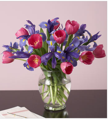 best flowers for valentines with pink tulip and blue rish bouquet.PNG