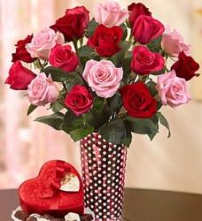Valentines bouquet with pink and red roses with pretty vase in red and white dots.JPG