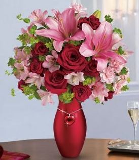 Pink and Red Valentines Bouquet in Red Vase with Heart Necklace.JPG