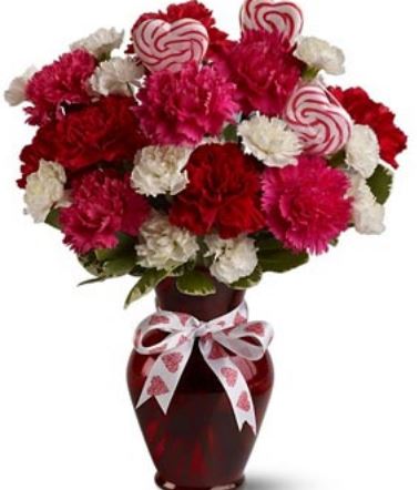 White Pink and Red Flowers Valentine Day Bouquet in  Red Vase.JPG