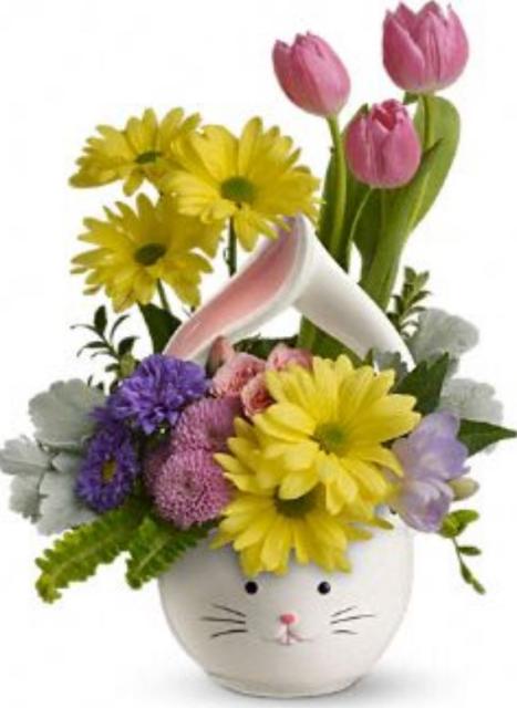 Easter flowers arrangement with bunny face withcute bunny ears.JPG