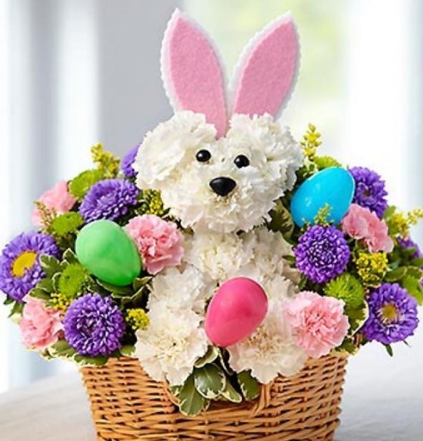Easter flowers basket with flowers shaped like a bunny.JPG