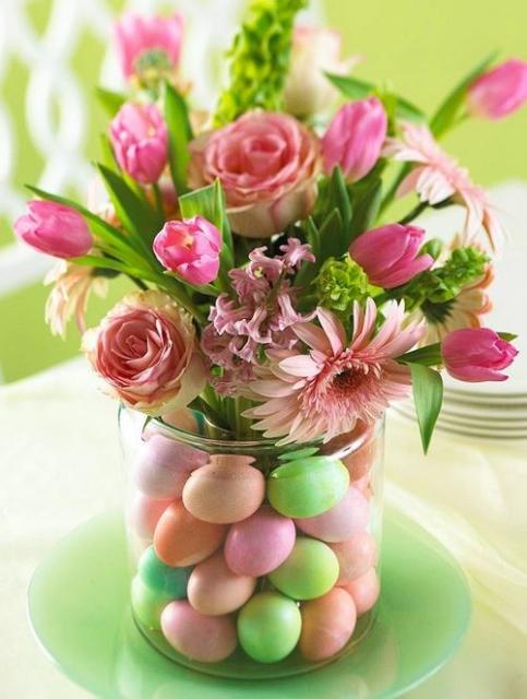 Easter flowers centerpiece with pink flowers and egg candies in vase.JPG