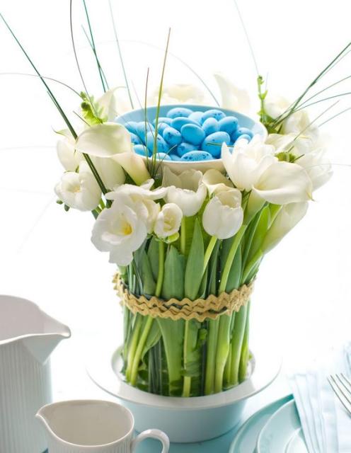 Modern Easter flowers arrangement photos with white flowers and blue Easter eggs.JPG