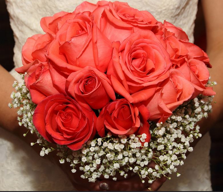 Orange red roses and white small flowers  wedding bouquet.JPG