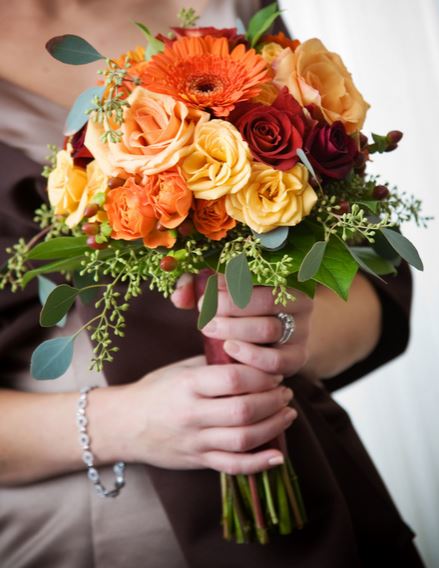 Chic wedding bouquet pictures with yellow, red and peach roses.JPG