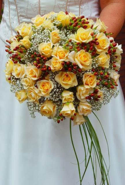 Yellow roses wedding flowers with red bubs.JPG