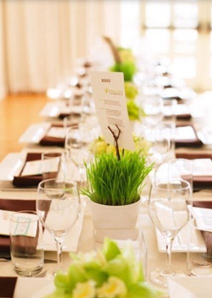 Cheap wedding centerpieces with grass in small planters.JPG