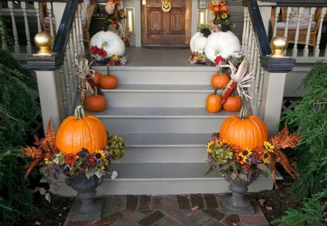 2015 front porch pumpkin flowers arrangements.JPG