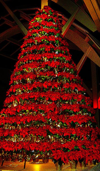 Large red flowers Christmas tree with poinsettias.JPG