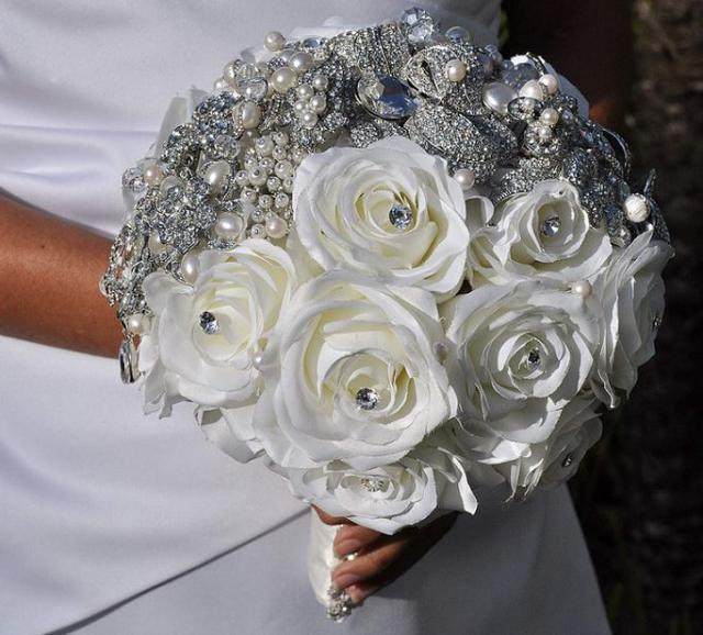 Wedding brooch bouquet with white crystal and white flowers