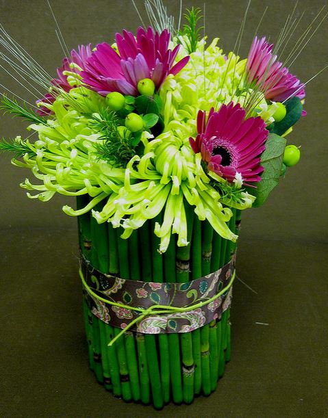 Unique wedding arrangement with bright color flowers