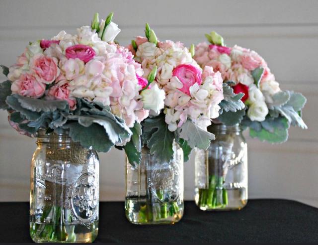 Wedding arrangements in glass jars