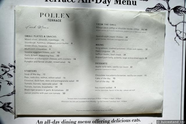 Pollen Terrace Menu Close Up