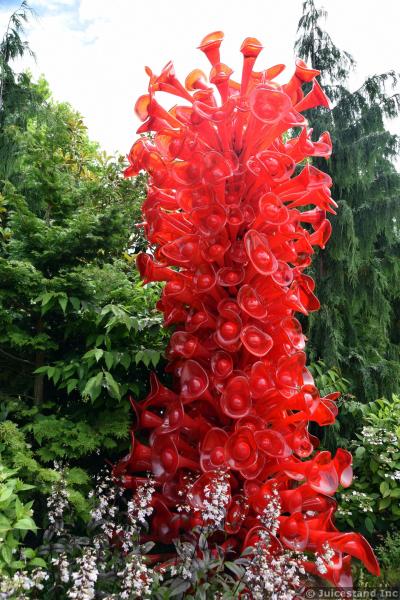 Tall Red Glass Sculpture with Bulb Flower Tips