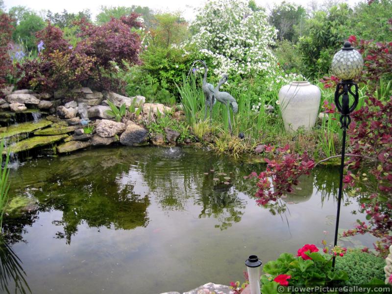 Crane Fountain next to Pond in Garden