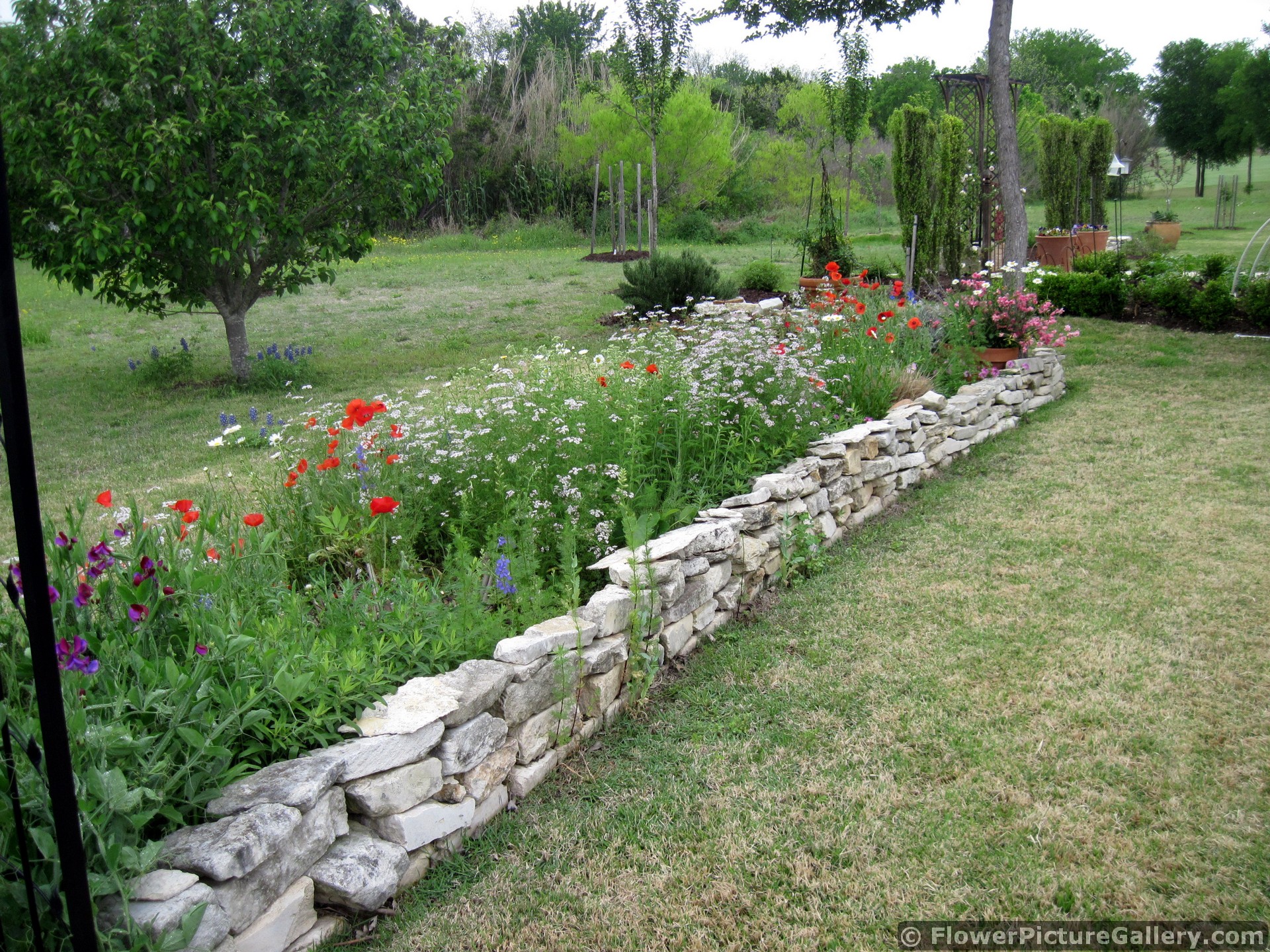 Long Rectangular Stone Lined Raised Flower Garden