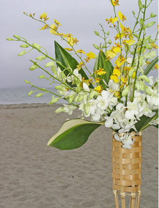 Tropical wedding ceremony flowers (orchids and ti leaves).PNG