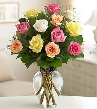 Four color roses arrangement with glass vase.JPG