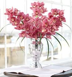 Image of Enchanting Pink Orchid arrangement with elegant silver vase.JPG