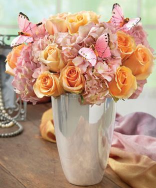 Peach Pink Arrangement in beautiful silver vase with butterflies.JPG