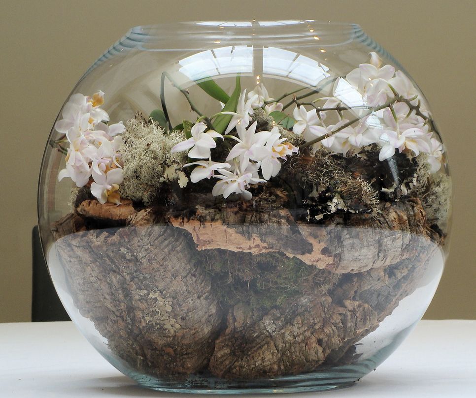 Round glass arrangement with small white flowers and wood pict.JPG