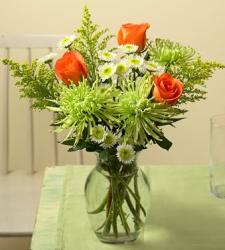 summer arrangement with orange rose with white and green flowers photo.JPG