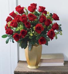 Big red roses arrangement in gold vase pictures.JPG