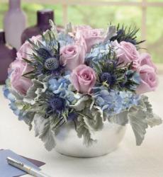 Blue purple arrangement with silver vase.JPG