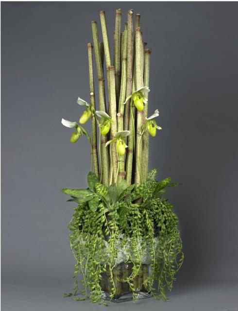 Cool tall and green arrangement with small white flowers arrangement photo.JPG
