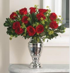 Elegant and classic red roses arrangement in silver vase pictures.JPG
