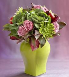 Exotic green arrangement with pink roses pictures.JPG